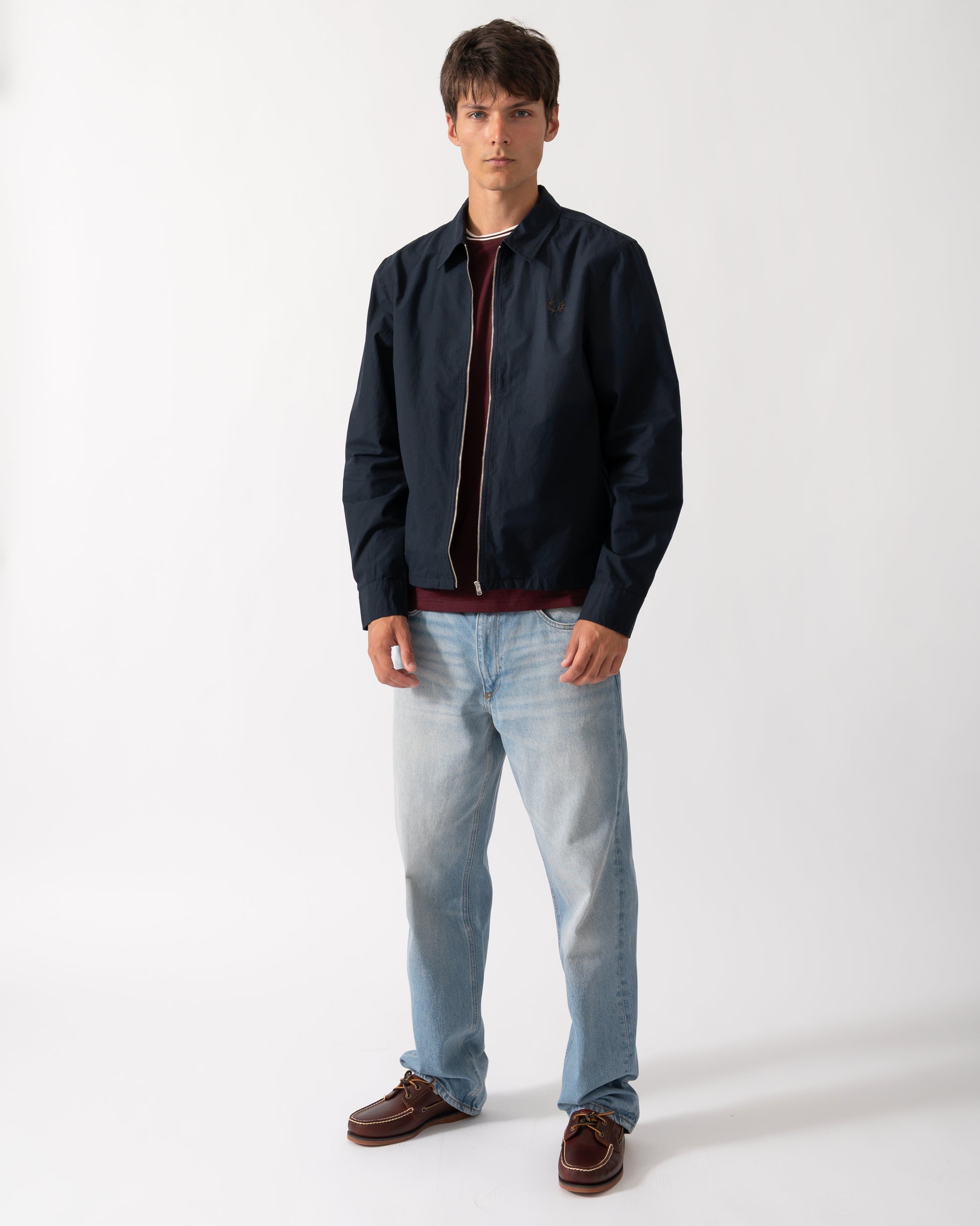 full length of a model wearing a Fred Perry Mens Poplin Zip Overshirt in Navy 608