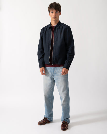 full length of a model wearing a Fred Perry Mens Poplin Zip Overshirt in Navy 608