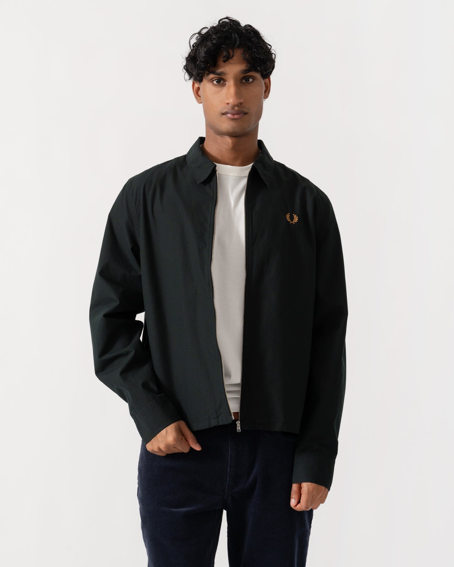 Unzipped jacket of Fred Perry Mens Poplin Zip Overshirt - Night Green Q20