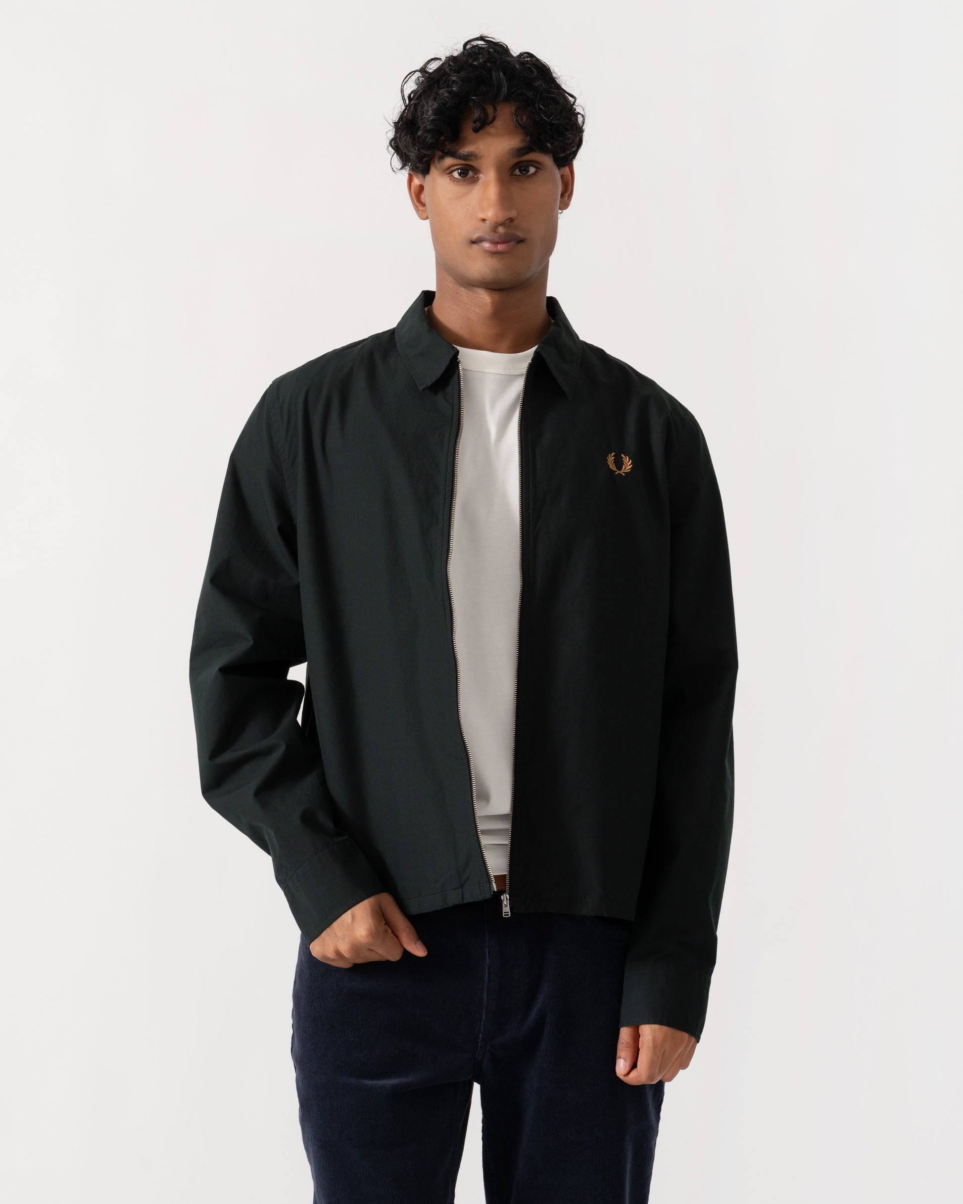 Unzipped jacket of Fred Perry Mens Poplin Zip Overshirt - Night Green Q20