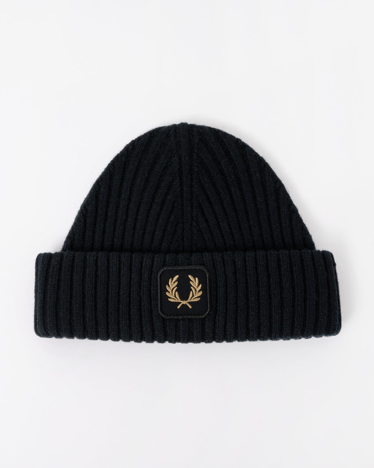 Front of the Fred Perry Mens Ribbed Wool Beanie - Black 102