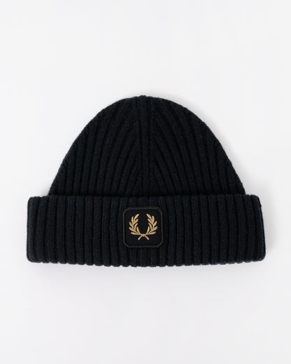 Front of the Fred Perry Mens Ribbed Wool Beanie - Black 102