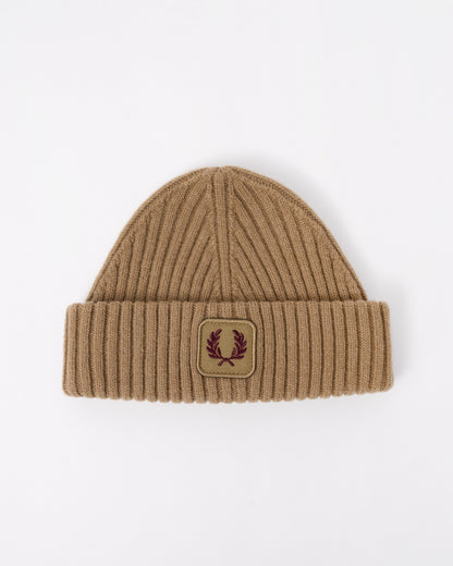 Front of the Fred Perry Mens Ribbed Wool Beanie - Bronze 31C