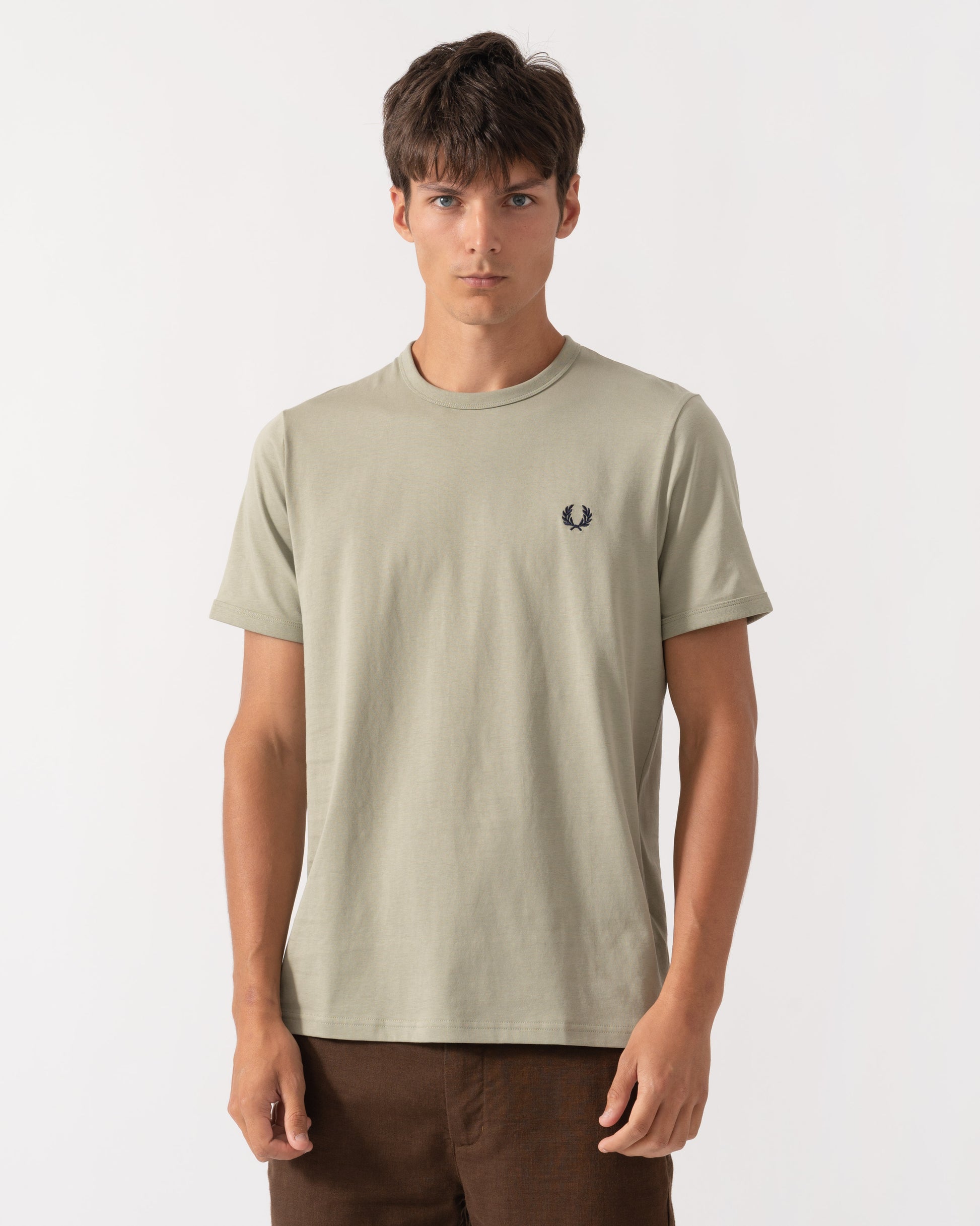 Front of Fred Perry Mens Ringer T-Shirt - Seagrass R89