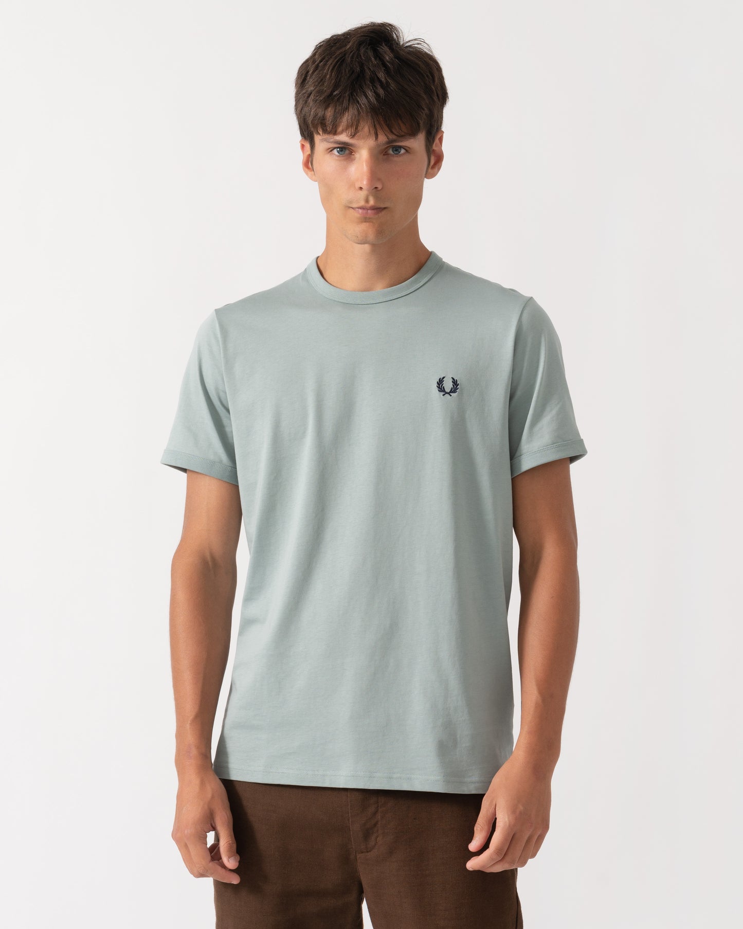 Front of Fred Perry Mens Ringer T-Shirt - Silver Blue 62C