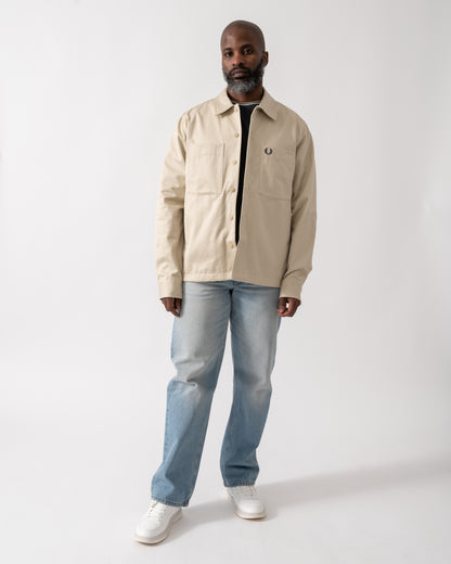 Full length shot of a Model wearing a Fred Perry Mens Twill Overshirt in Oatmeal