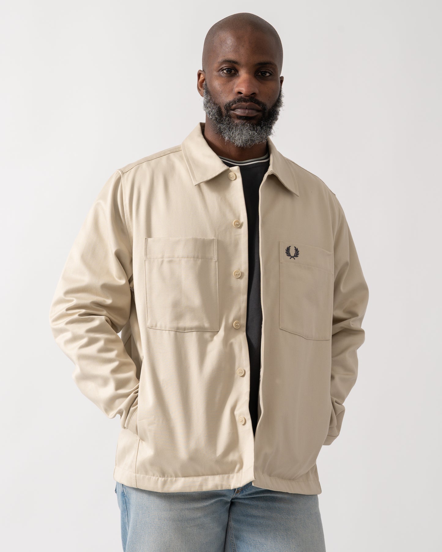 Model wearing a Fred Perry Mens Twill Overshirt in Oatmeal