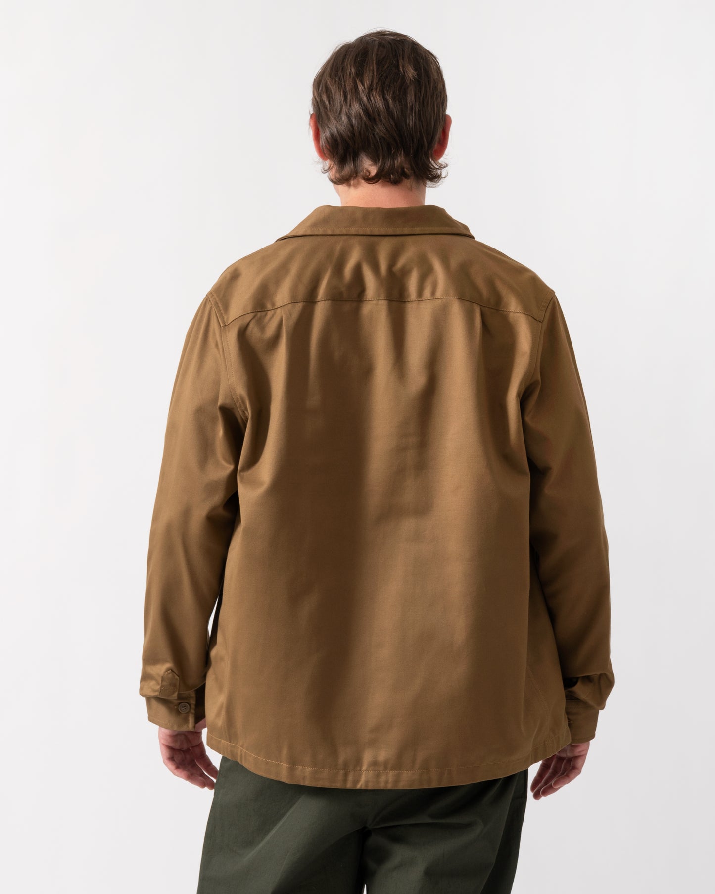 back of a model wearing a Fred Perry Mens Twill Overshirt in Shaded Stone P96