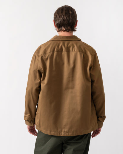 back of a model wearing a Fred Perry Mens Twill Overshirt in Shaded Stone P96