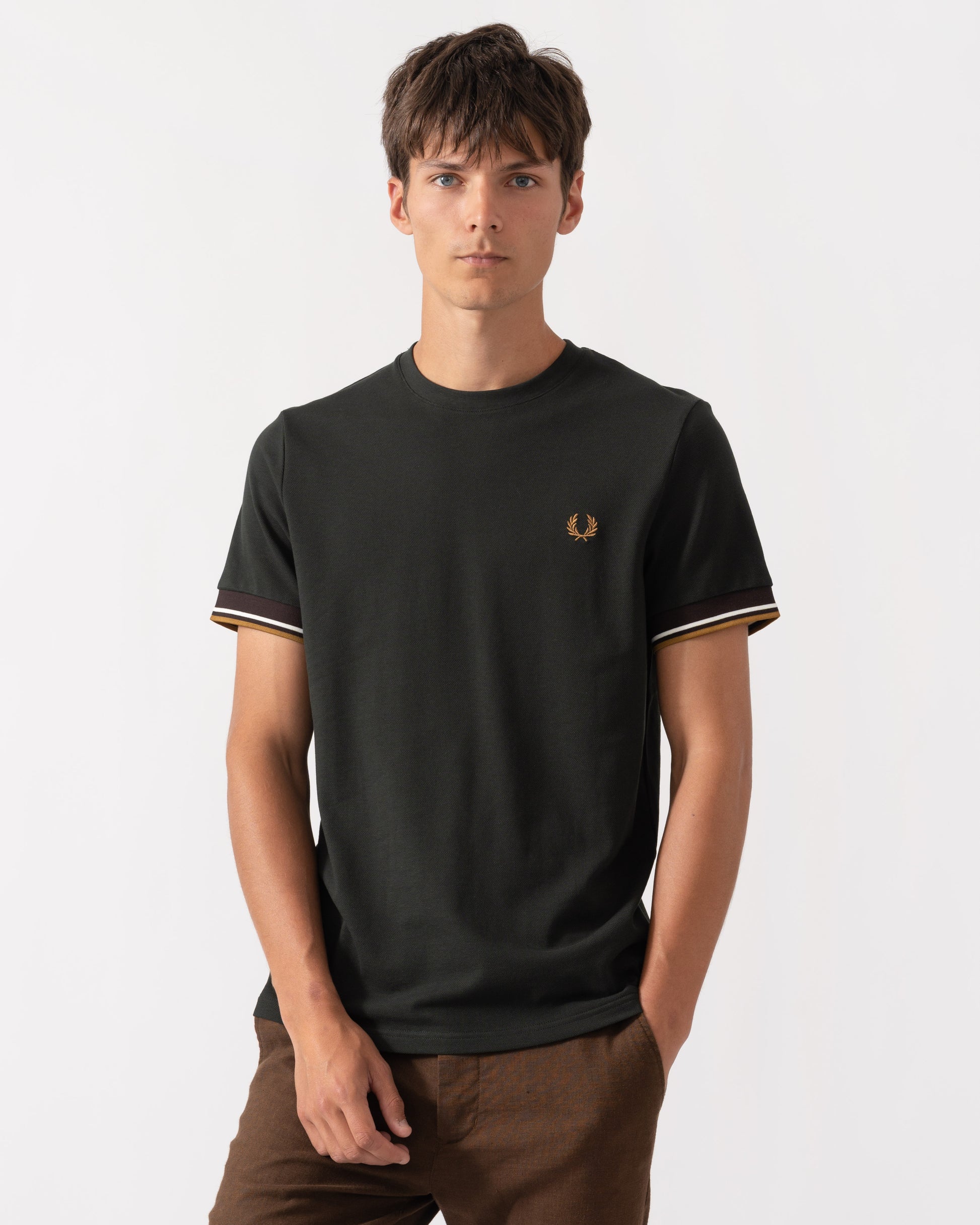 Front of Fred Perry Mens Twin Tipped Cuff T-Shirt - Night Green Q20