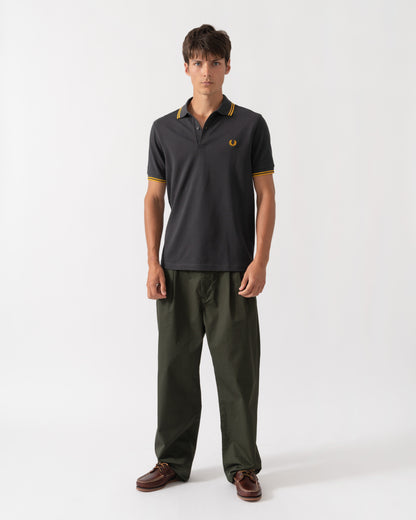 Outfit shot of Fred Perry Mens Twin Tipped Signature Polo Shirt - Anchor Grey/Golden 85C