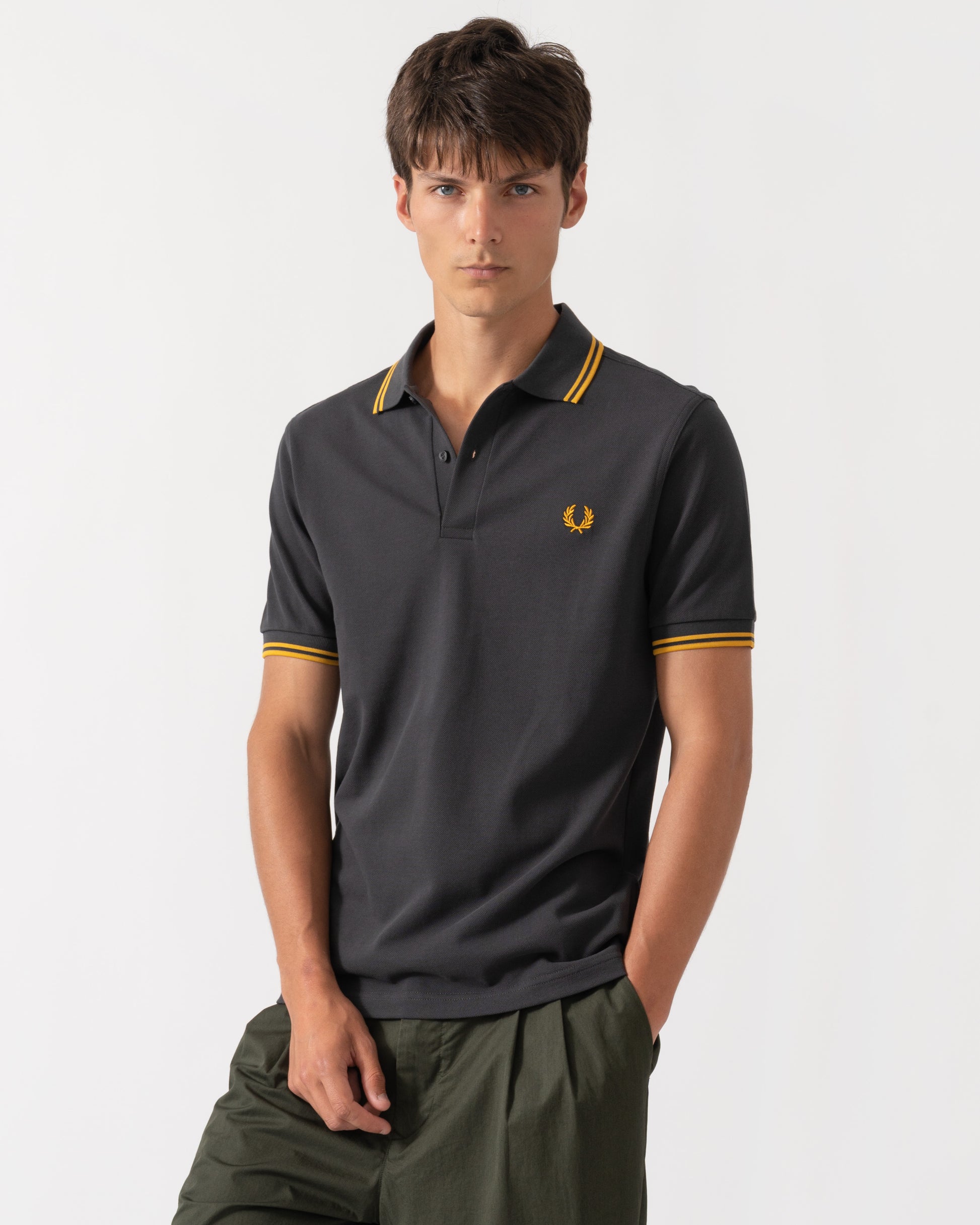 Front of Fred Perry Mens Twin Tipped Signature Polo Shirt - Anchor Grey/Golden 85C
