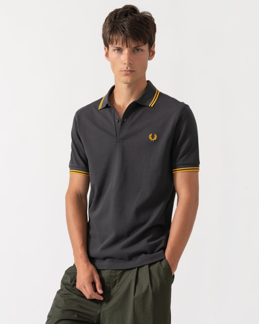 Front of Fred Perry Mens Twin Tipped Signature Polo Shirt - Anchor Grey/Golden 85C