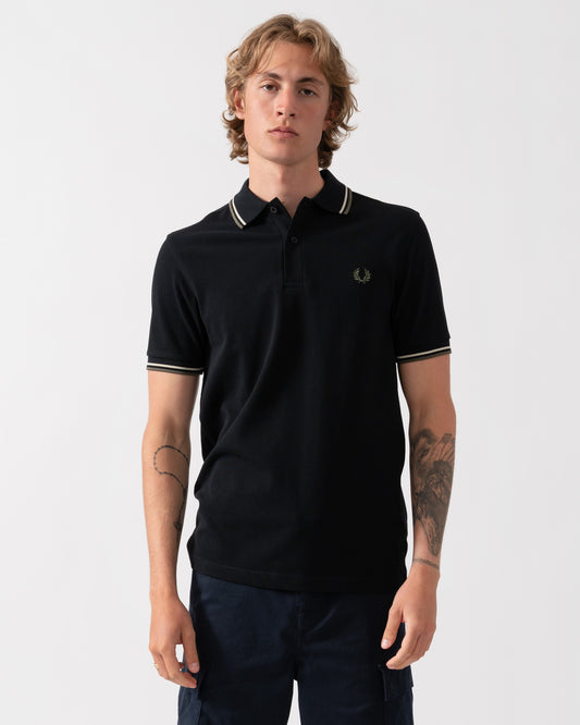 Fred Perry Mens Twin Tipped Signature Polo Shirt - Black/Oatmeal/Laurel Wreath Green 06C