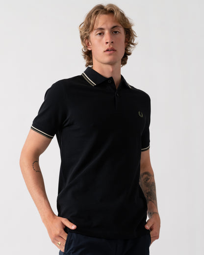 Fred Perry Mens Twin Tipped Signature Polo Shirt - Black/Oatmeal/Laurel Wreath Green 06C