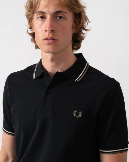 Fred Perry Mens Twin Tipped Signature Polo Shirt - Black/Oatmeal/Laurel Wreath Green 06C