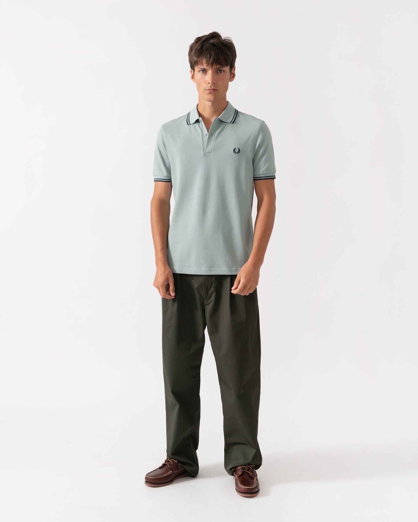 Full length of Fred Perry Mens Twin Tipped Signature Polo Shirt - Silver Blue/Dark Airforce 71C
