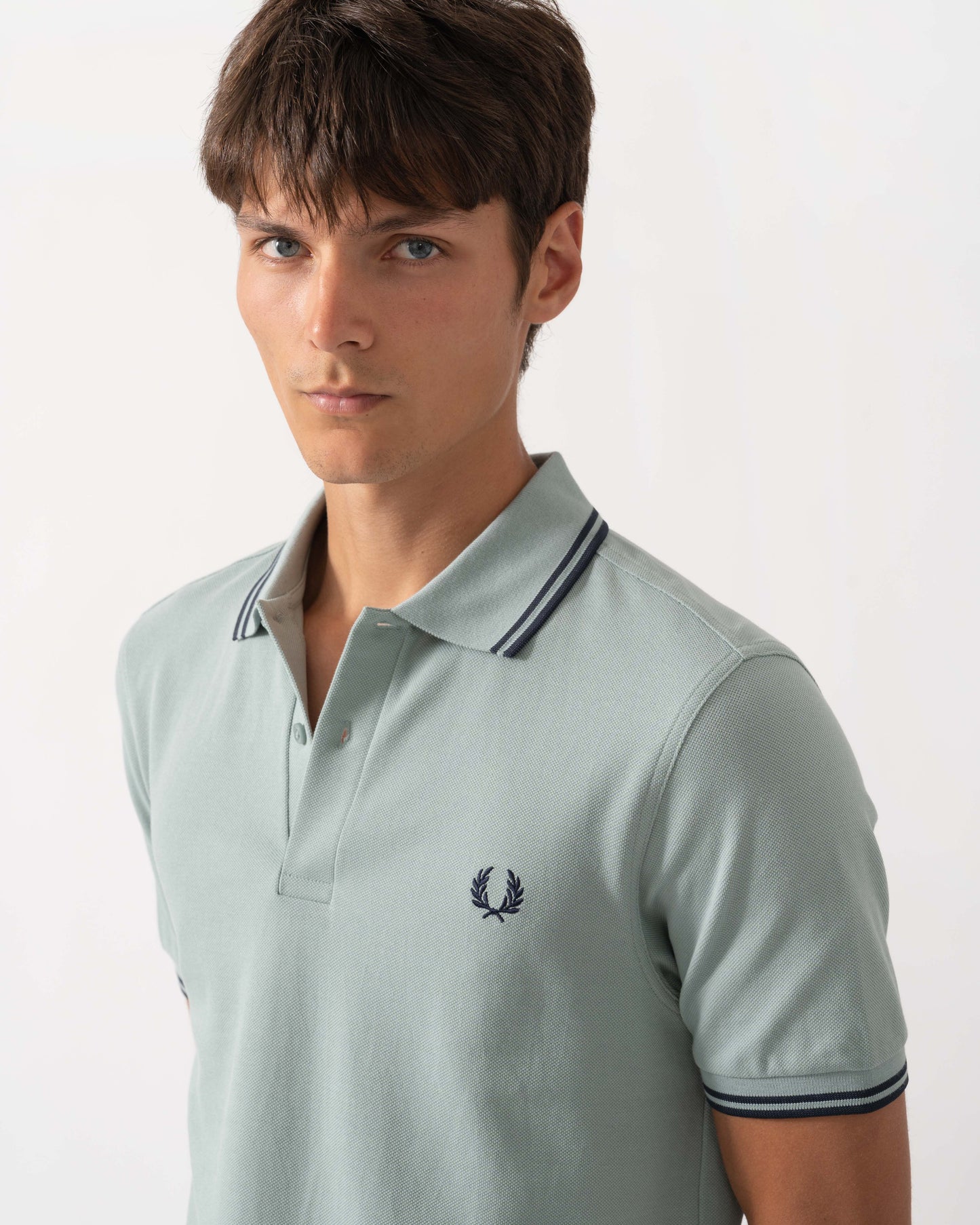 Detail of Fred Perry Mens Twin Tipped Signature Polo Shirt - Silver Blue/Dark Airforce 71C