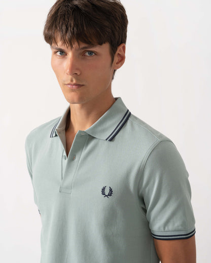 Detail of Fred Perry Mens Twin Tipped Signature Polo Shirt - Silver Blue/Dark Airforce 71C