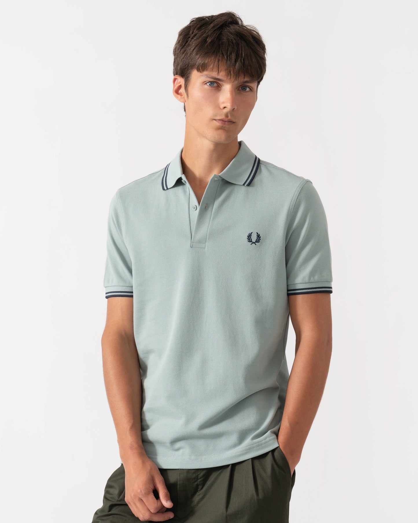 Front of Fred Perry Mens Twin Tipped Signature Polo Shirt - Silver Blue/Dark Airforce 71C