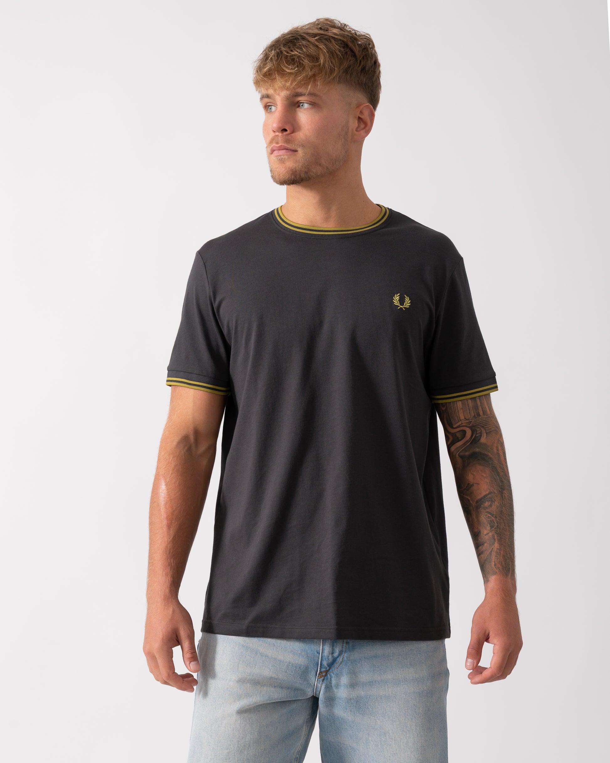 Fred Perry Mens Twin Tipped T-Shirt  in Anchor Grey, Tennis Ball Yellow