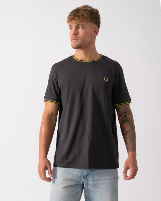 Fred Perry Mens Twin Tipped T-Shirt  in Anchor Grey, Tennis Ball Yellow