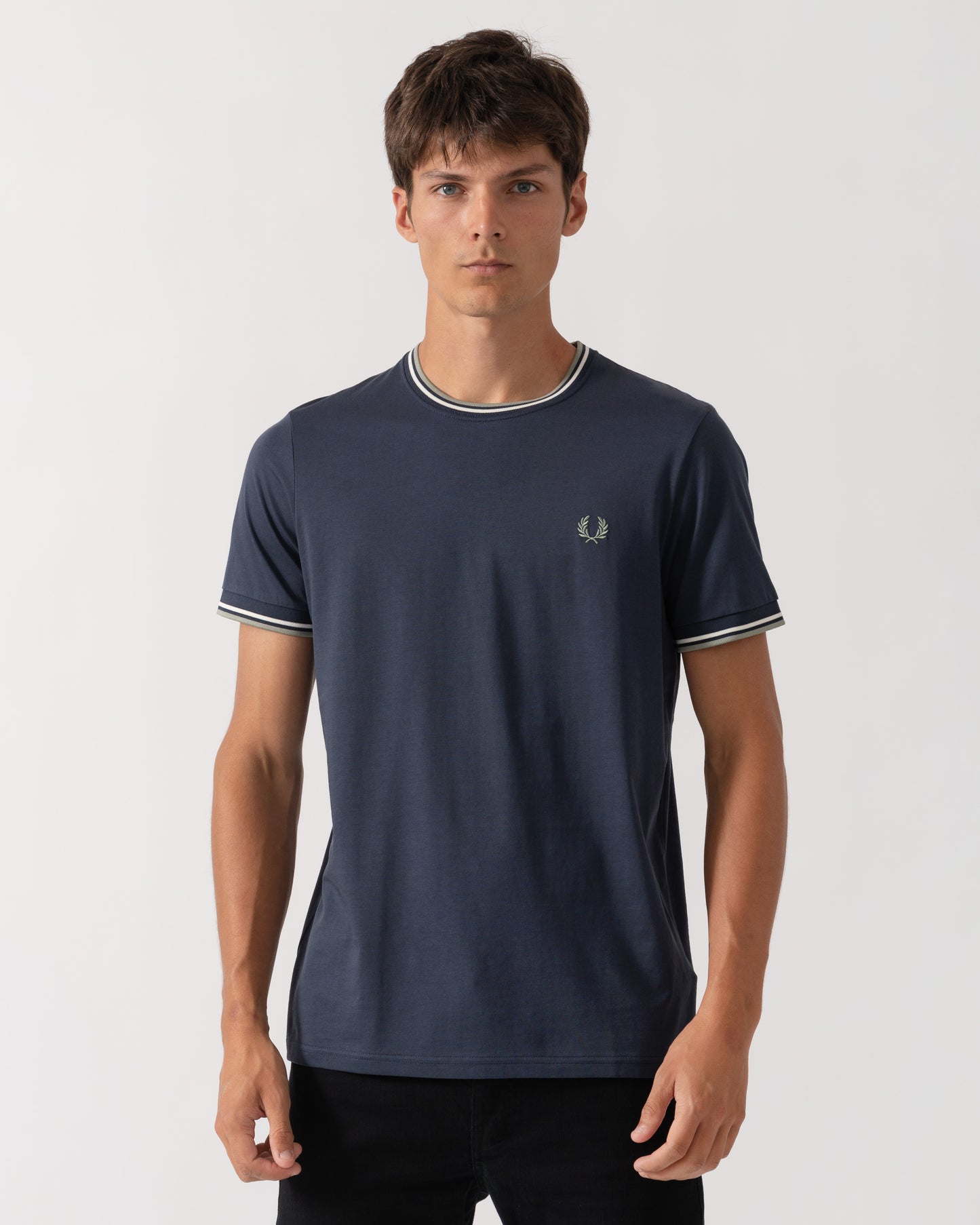 Fred Perry Mens Twin Tipped T-Shirt - Dark Airforce/Ecru/Seagrass 72C front