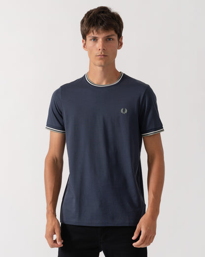 Fred Perry Mens Twin Tipped T-Shirt - Dark Airforce/Ecru/Seagrass 72C front