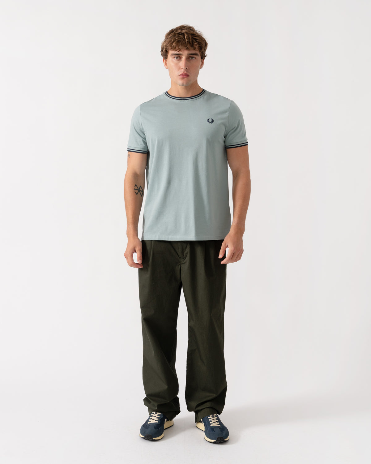 Outfit shot of Fred Perry Mens Twin Tipped T-Shirt - Silver Blue/Dark Airforce 71C