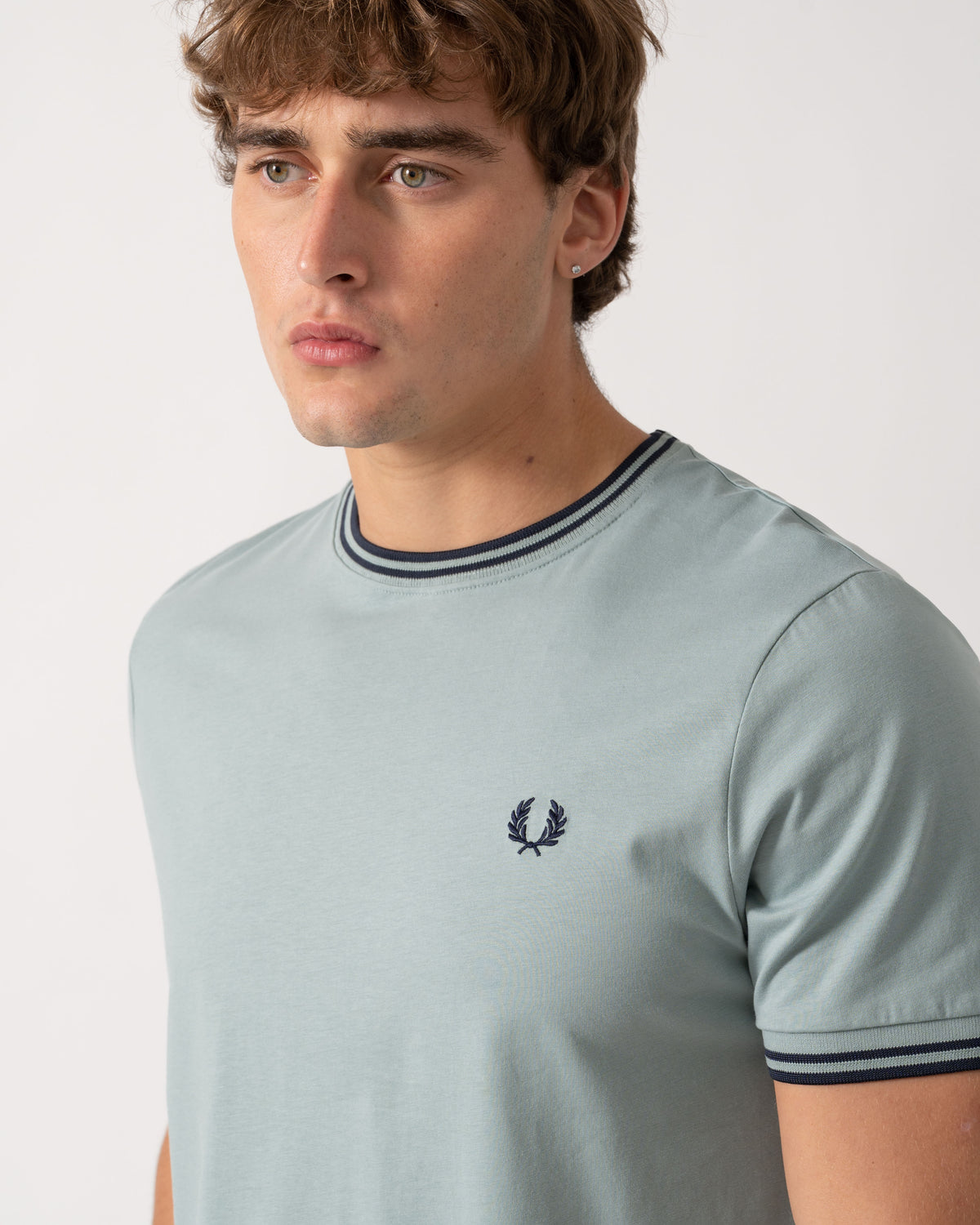 Close up of Fred Perry Mens Twin Tipped T-Shirt - Silver Blue/Dark Airforce 71C