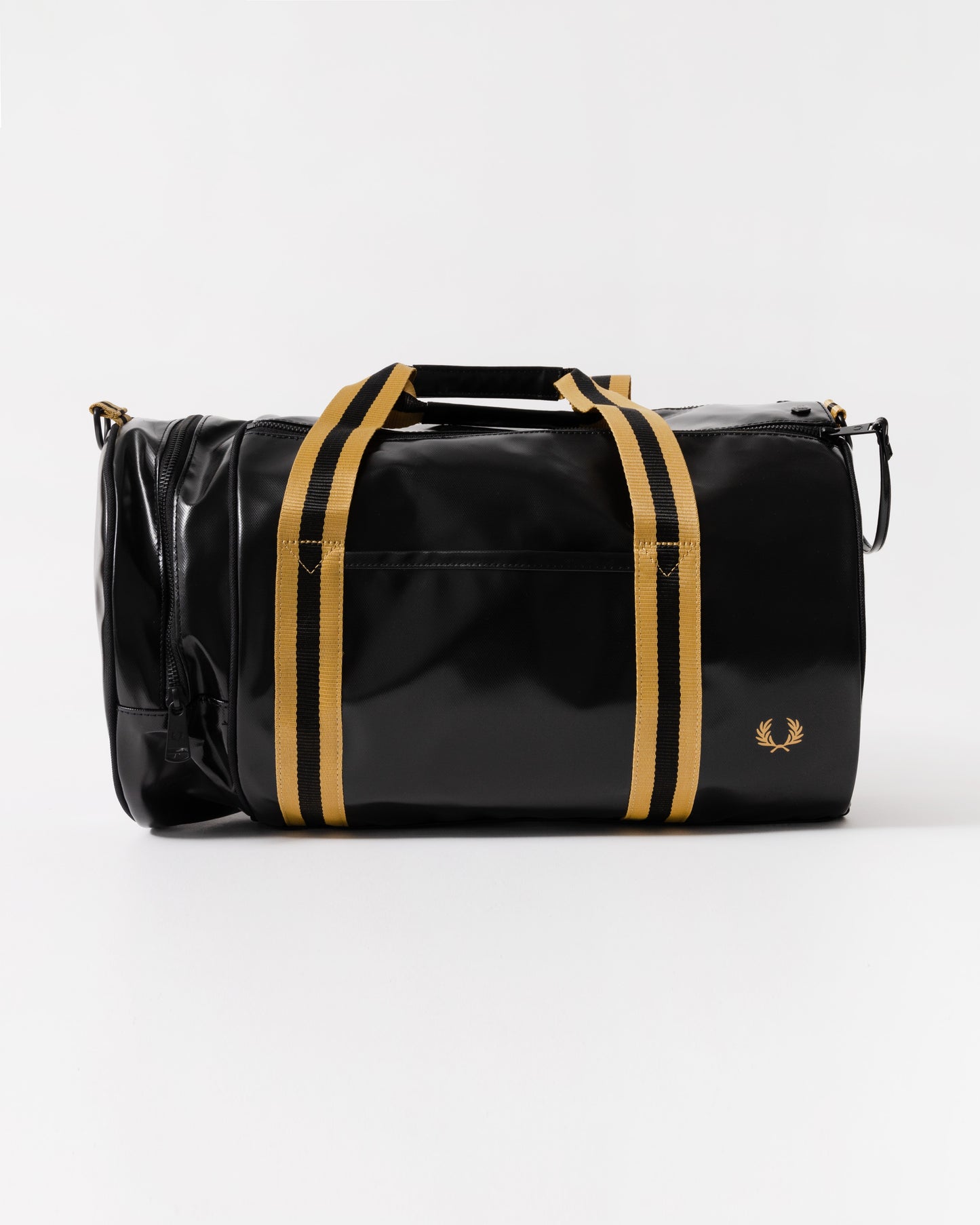 Front of Fred Perry Tipped Classic Barrel Bag - Black/Gold 774