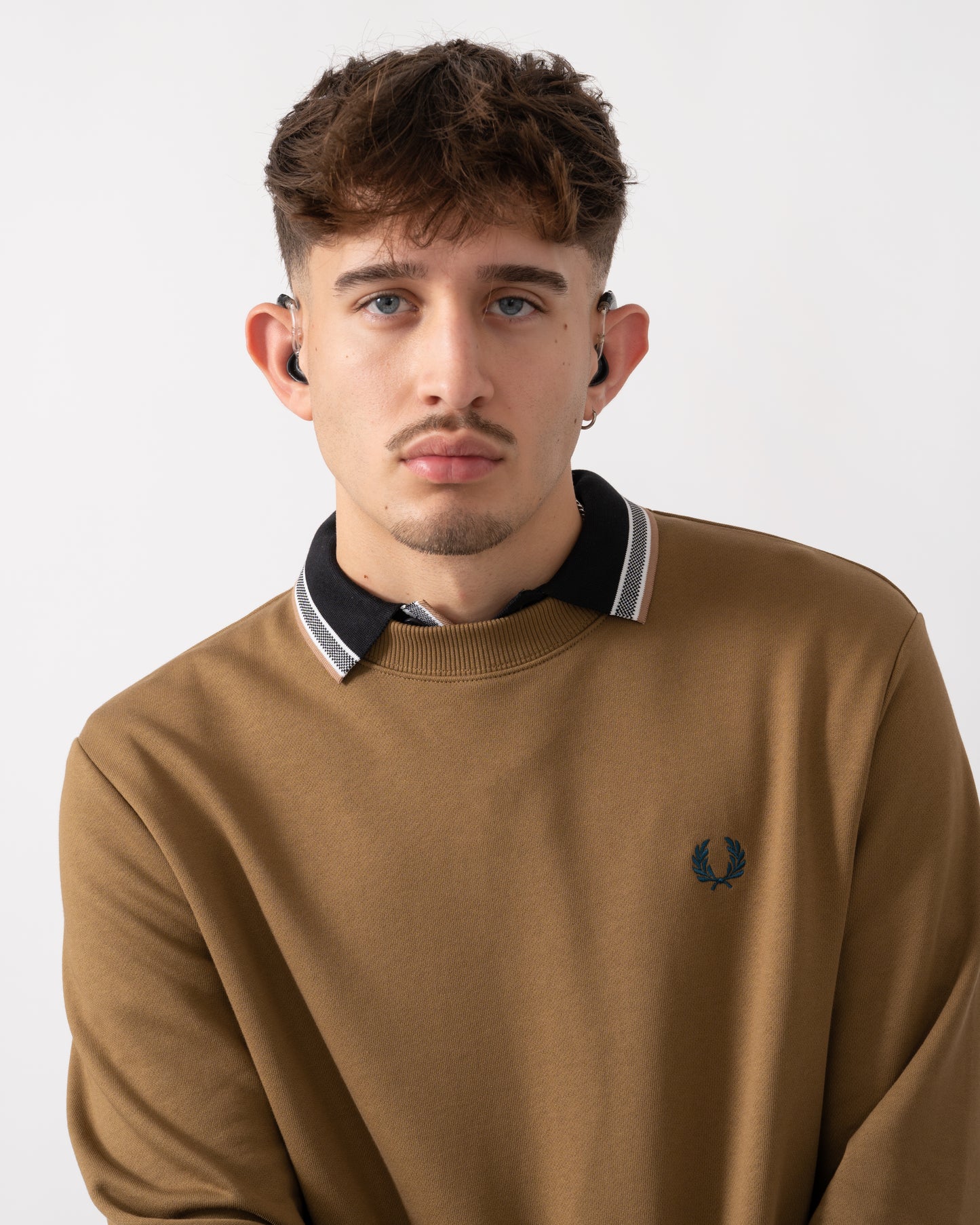 Fred Perry Mens Crew Neck Sweatshirt - Shaded Stone/Ecru/Dark Petrol Z60