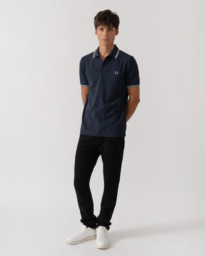 Fred Perry Mens Twin Tipped Signature Polo Shirt - Dark Airforce/Ecru/Seagrass 72C full length