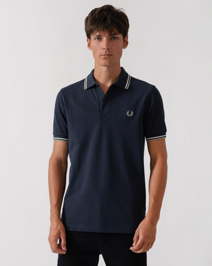 Fred Perry Mens Twin Tipped Signature Polo Shirt - Dark Airforce/Ecru/Seagrass 72C front