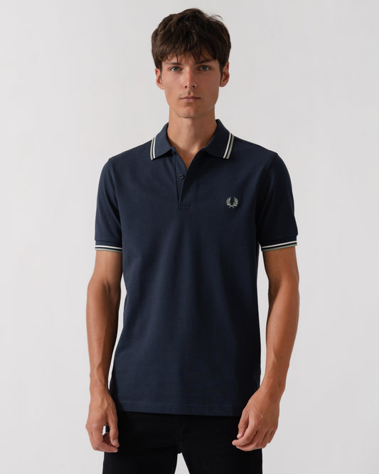 Fred Perry Mens Twin Tipped Signature Polo Shirt - Dark Airforce/Ecru/Seagrass 72C front