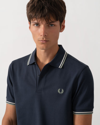 Fred Perry Mens Twin Tipped Signature Polo Shirt - Dark Airforce/Ecru/Seagrass 72C detail