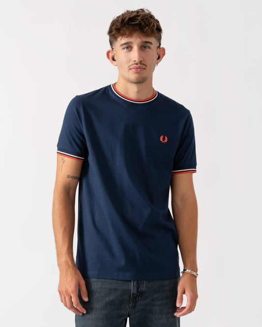 Fred Perry Mens Twin Tipped T-Shirt - Tennis Blue/Silky Peach/Flamingo Tan Z57