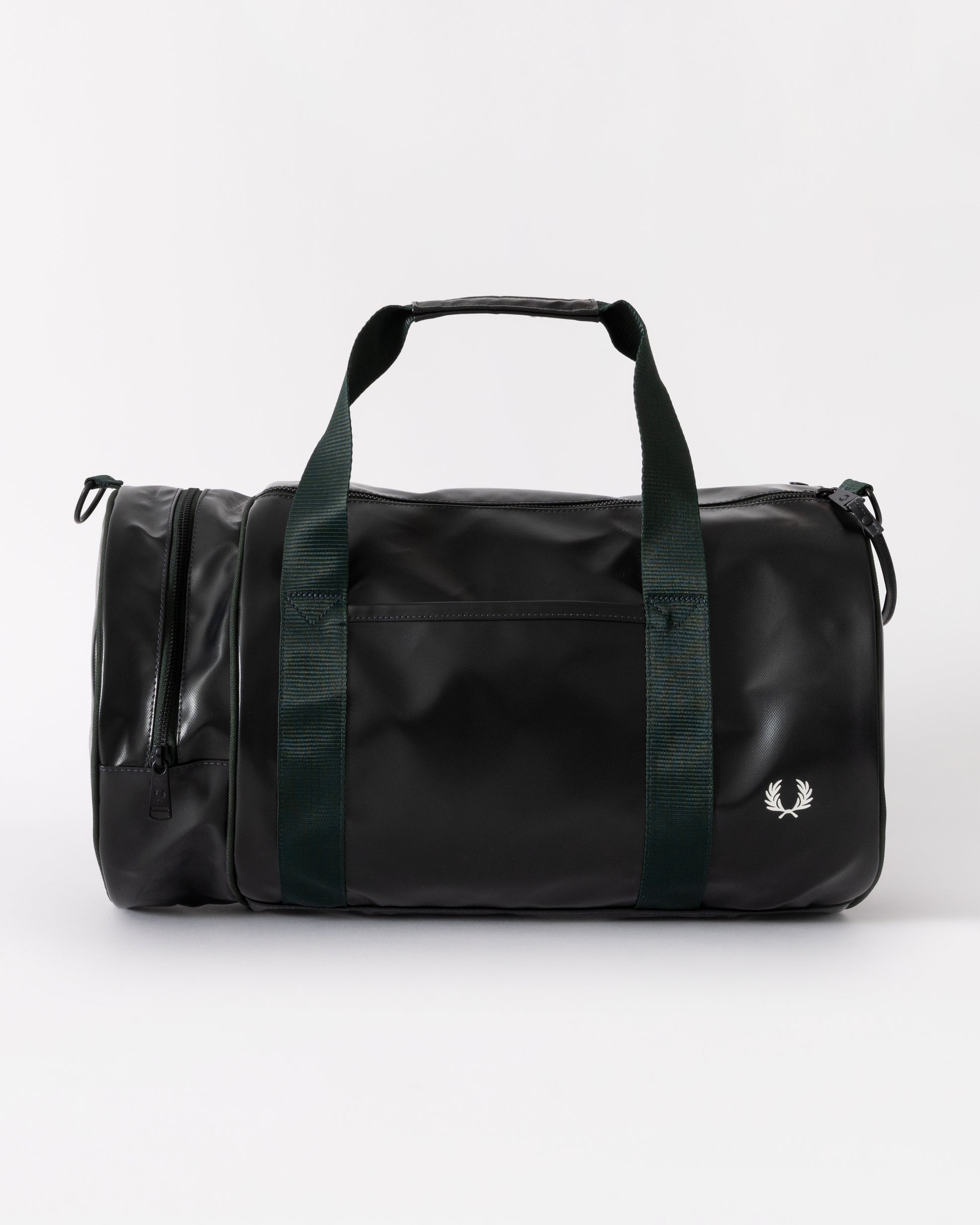 Black duffel bag with green straps on a white background