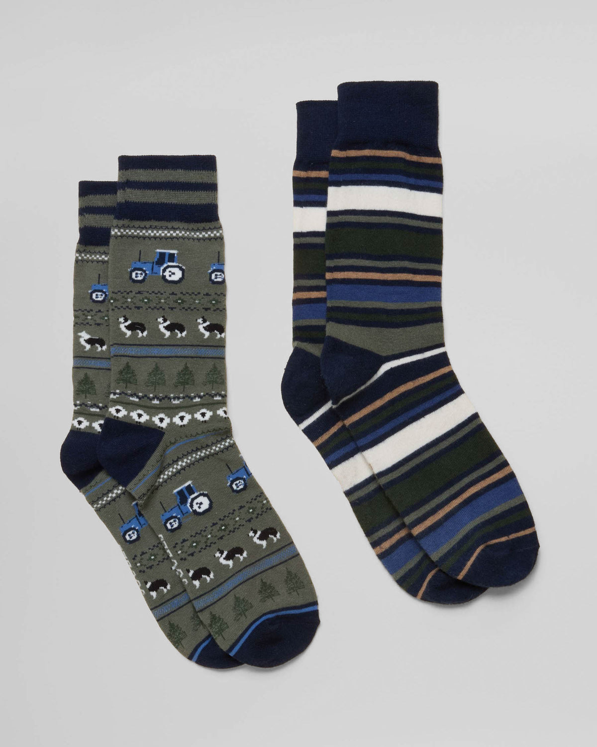 Joules Kingsbury 2-Pack Mens Socks - Khaki Fairisle/Stripe