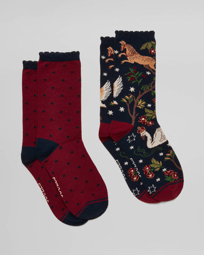 Joules Everyday 2 Pack Womens Socks - Navy Woodland | CHO | Designer Womens Socks