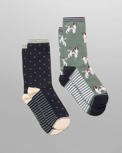 Joules Everyday 2 Pack Womens Socks - Green Dog | CHO | Designer Womens Socks
