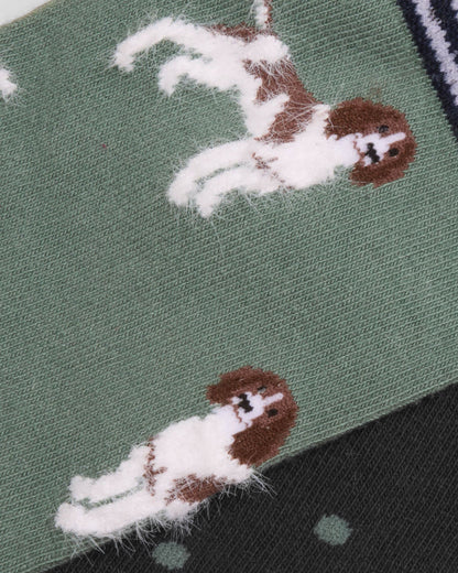 Joules Everyday 2 Pack Womens Socks - Green Dog | CHO | Designer Womens Socks