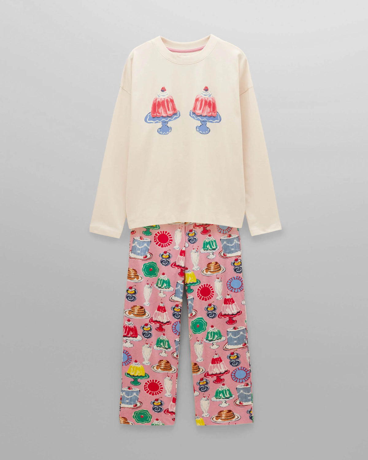 Joules Lyla Womens Pyjama Set - Cream/Pink Puddings Print
