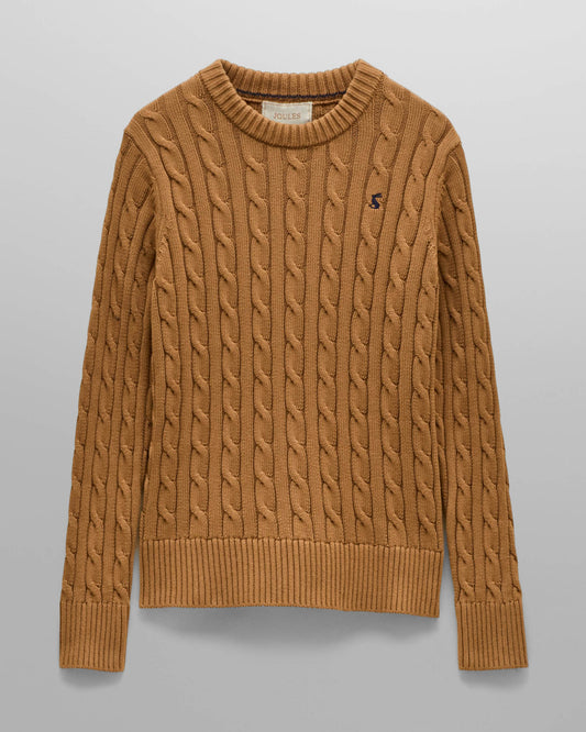 Joules Womens Classic Cable Knit Jumper - Camel, flat lay