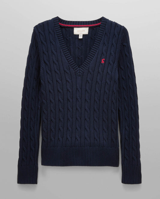Joules Womens Classic Cable Knit V - Neck Jumper - Navy | CHO | Designer Womens Jumpers