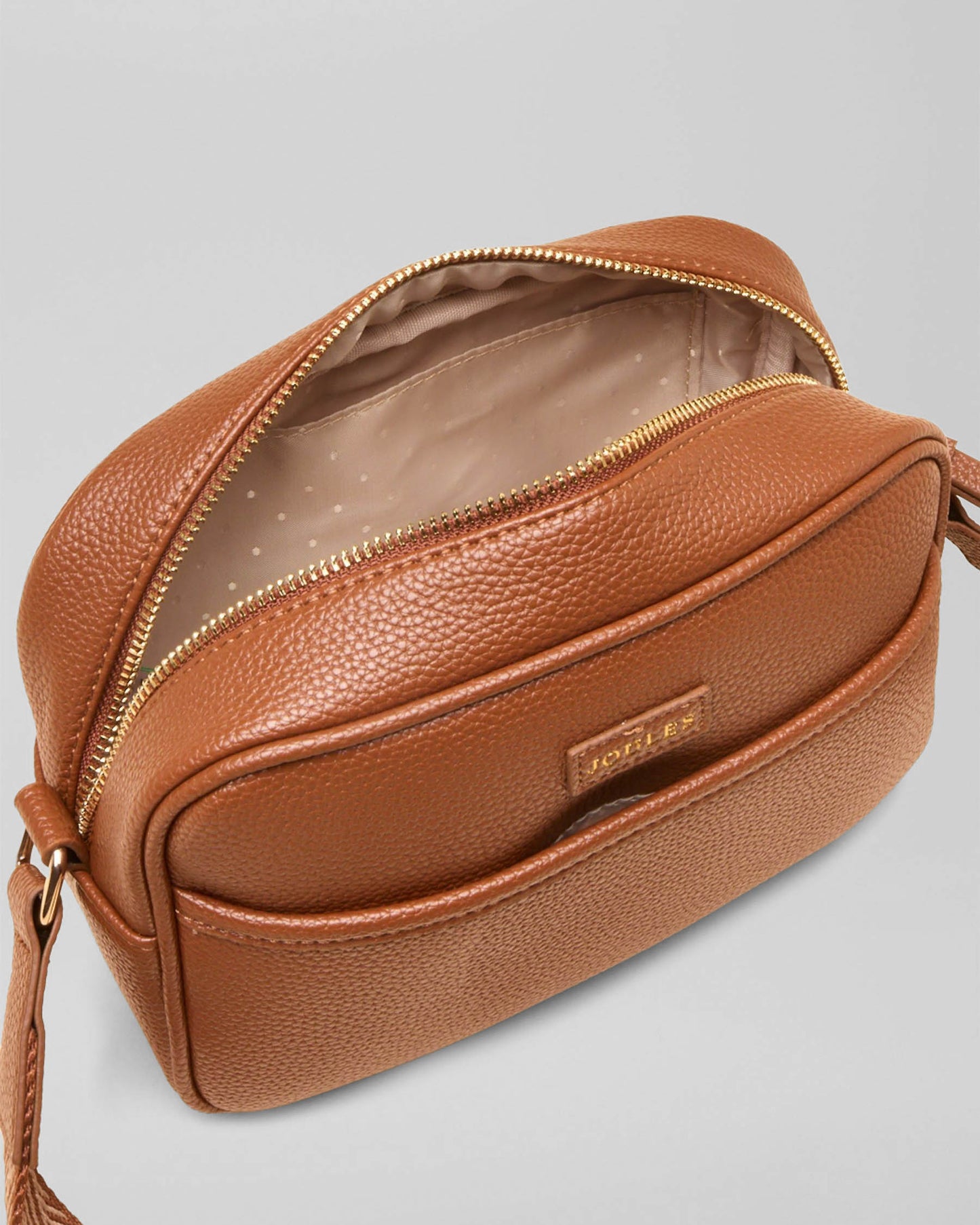 Joules Trent Womens Faux Leather Crossbody Bag in Tan Brown, open