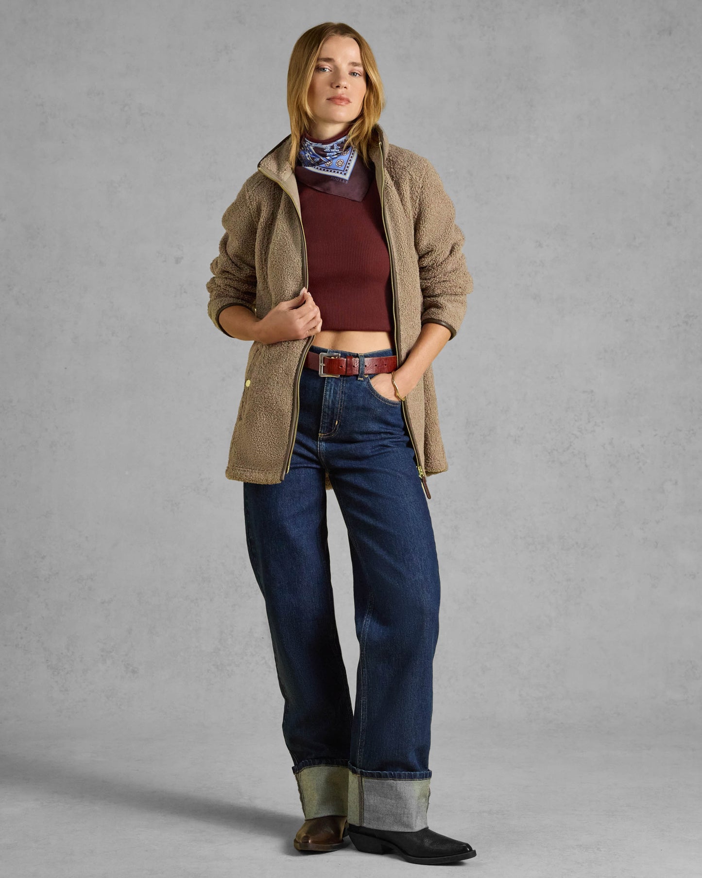 Joules Womens Longline Zip Through Borg Heritage Fleece - Mink Brown, full length