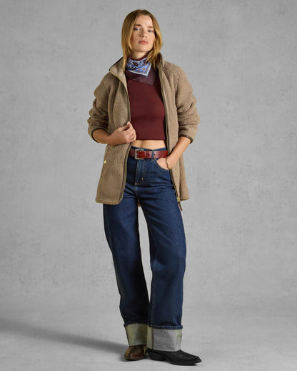 Joules Womens Longline Zip Through Borg Heritage Fleece - Mink Brown, full length