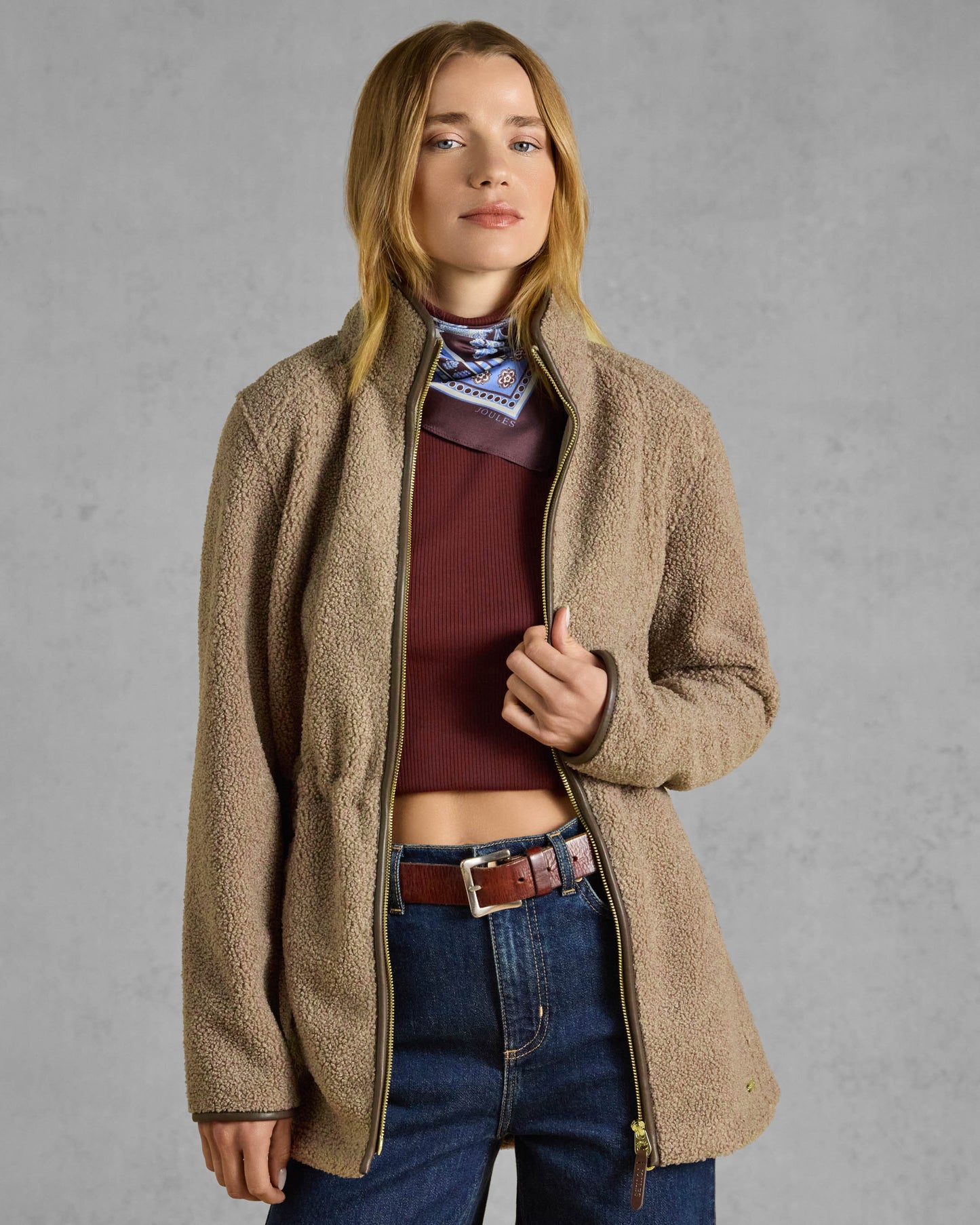 Joules Womens Longline Zip Through Borg Heritage Fleece - Mink Brown, front