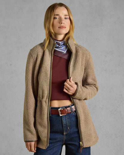 Joules Womens Longline Zip Through Borg Heritage Fleece - Mink Brown, front